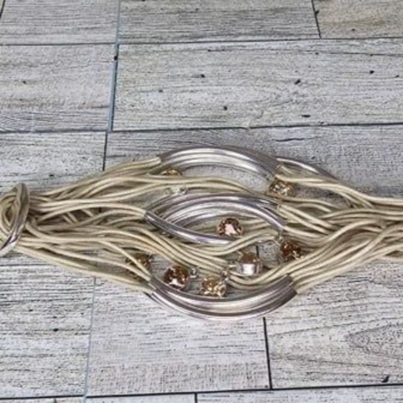 Gillian Julius Multi Strand Sand Color & Rhinestone, Silver Tube Bracelet 8"L - Picture 4 of 4